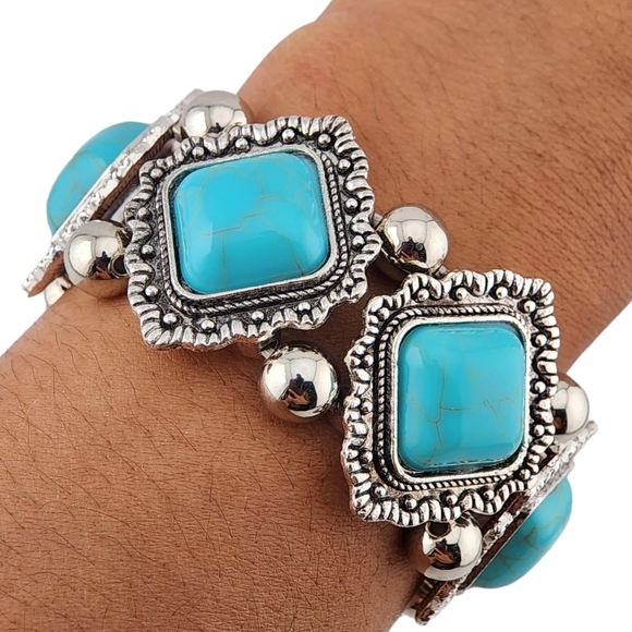 Howlite Turquoise Stretchable Bracelet Bohemian Tribal Ethnic Silver - Picture 3 of 5